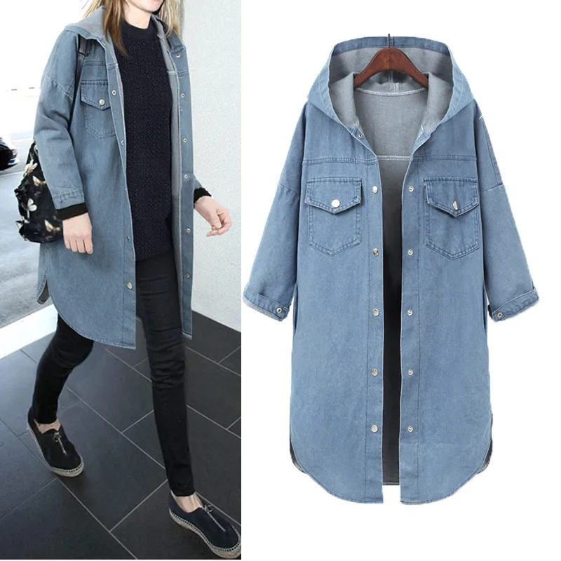 New Spring Autumn Women Coat Plus Size Fashion Single Breasted Solid Hooded Jeans Trench Coat For Women Large Denim Outerwear
New Spring Autumn Women Coat Plus Size Fashion Single Breasted Solid Hooded Jeans Trench Coat For Women Large Denim Outerwear