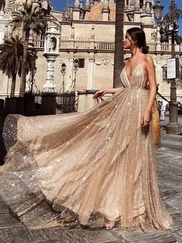 Sparkling Party Prom Gowns 2019 vestidos de graduacion A Line Spaghetti Straps V Neck Backless Sequin Gold Long Prom Dress
Sparkling Party Prom Gowns 2019 vestidos de graduacion A Line Spaghetti Straps V Neck Backless Sequin Gold Long Prom Dress