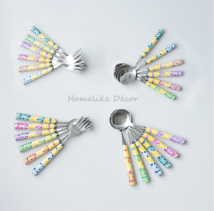 6pcs Stainless Steel Spoons Forks with Ceramic Handle Colorful Flatwares for Ice Cream Tea Coffee Kitchen Accessories
6pcs Stainless Steel Spoons Forks with Ceramic Handle Colorful Flatwares for Ice Cream Tea Coffee Kitchen Accessories