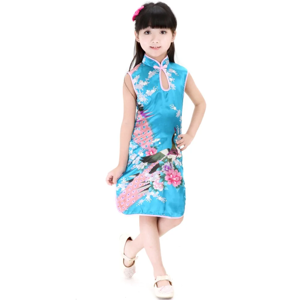 2Y-8Y Baby Girl Dress Peacock Sleeveless Slim Traditional Dress Cheongsam Girls Clothes Chinese Style Qipao baby chinese dress 2Y-8Y Baby Girl Dress Peacock Sleeveless Slim Traditional Dress Cheongsam Girls Clothes Chinese Style Qipao baby chinese dress