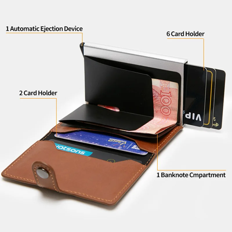 Aluminum Cards Pocket ID Card Holder PU Leather Wallet for Men Women RFID Blocking Mini Wallet Automatic Credit Card Protection 
Aluminum Cards Pocket ID Card Holder PU Leather Wallet for Men Women RFID Blocking Mini Wallet Automatic Credit Card Protection