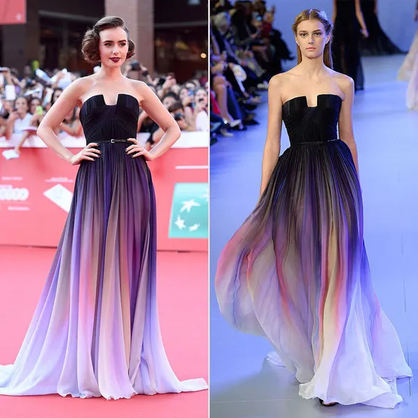 

Vestidos New Gradient Ombre Chiffon Prom Dress Evening Dress Strapless with Pleats Women Dress Navy Lily Collins