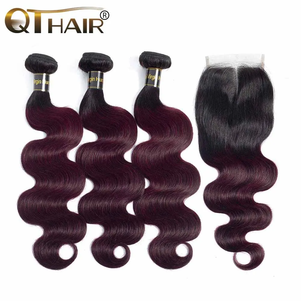

Two Tone Ombre Brazilian Human Hair Body Wave 1B/99J Burgundy Dark Wine Red Ombre Burgundy Hair 3 Bundle With Lace Closure QT