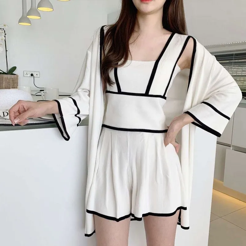 Women Vest Tops Long Cardigan Elastic Waist Shorts Striped Summer Elegant 3 Pieces Sets Knitted Shorts Suits
Women Vest Tops Long Cardigan Elastic Waist Shorts Striped Summer Elegant 3 Pieces Sets Knitted Shorts Suits