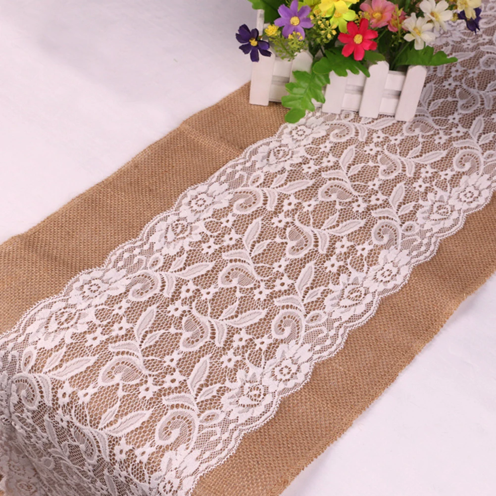 108*30cm Lace Burlap Table Runner Natural Burlap Jute Hessian Table Runner Cloth Lace Vintage Wedding Party Decor