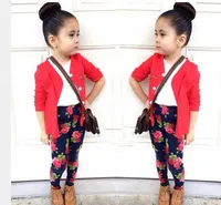 JT-162 Retail fashion girls sets cotton childrens clothing suit coat + shirt + rose flower pants 3pcs kids clothes girls suit image
