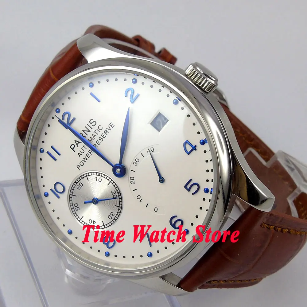 Parnis 43mm ST 2530 Automatic Men's watch date power reserve waterproof White dial blue hands leather strap relogio masculino
Parnis 43mm ST 2530 Automatic Men's watch date power reserve waterproof White dial blue hands leather strap relogio masculino