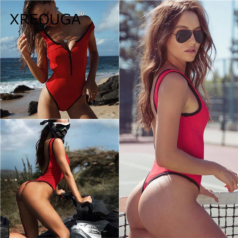 

XREOUGA One Piece Bikinis Front Zipper Bikini Set New Thong High Leg Cut Maillot De Bain Solid Swimming Wear Women Red Swimsuits