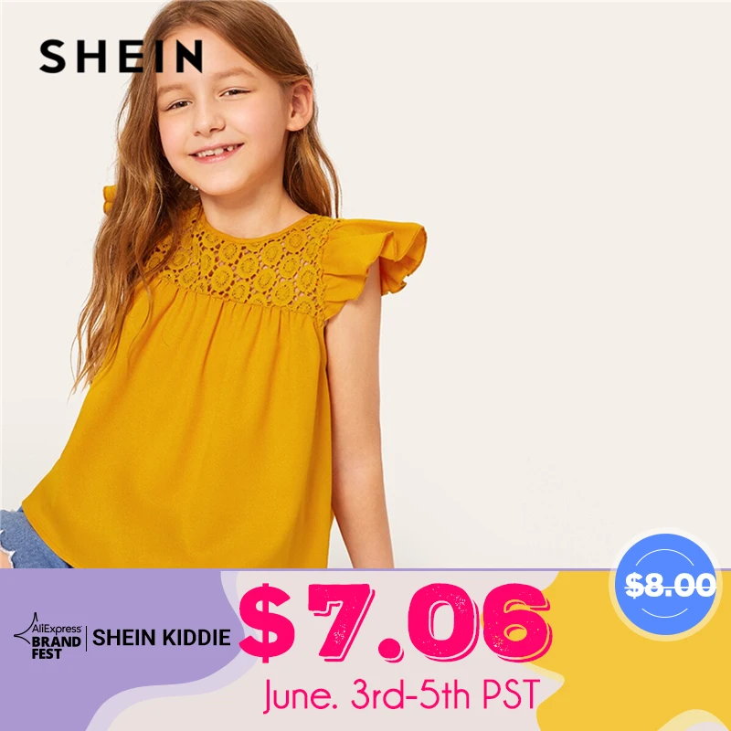 

SHEIN Kiddie Ginger Solid Lace Insert Ruffle Armhole Teenagers Cute Blouse 2019 Summer Butterfly Sleeve Button Kids Blouse Shirt