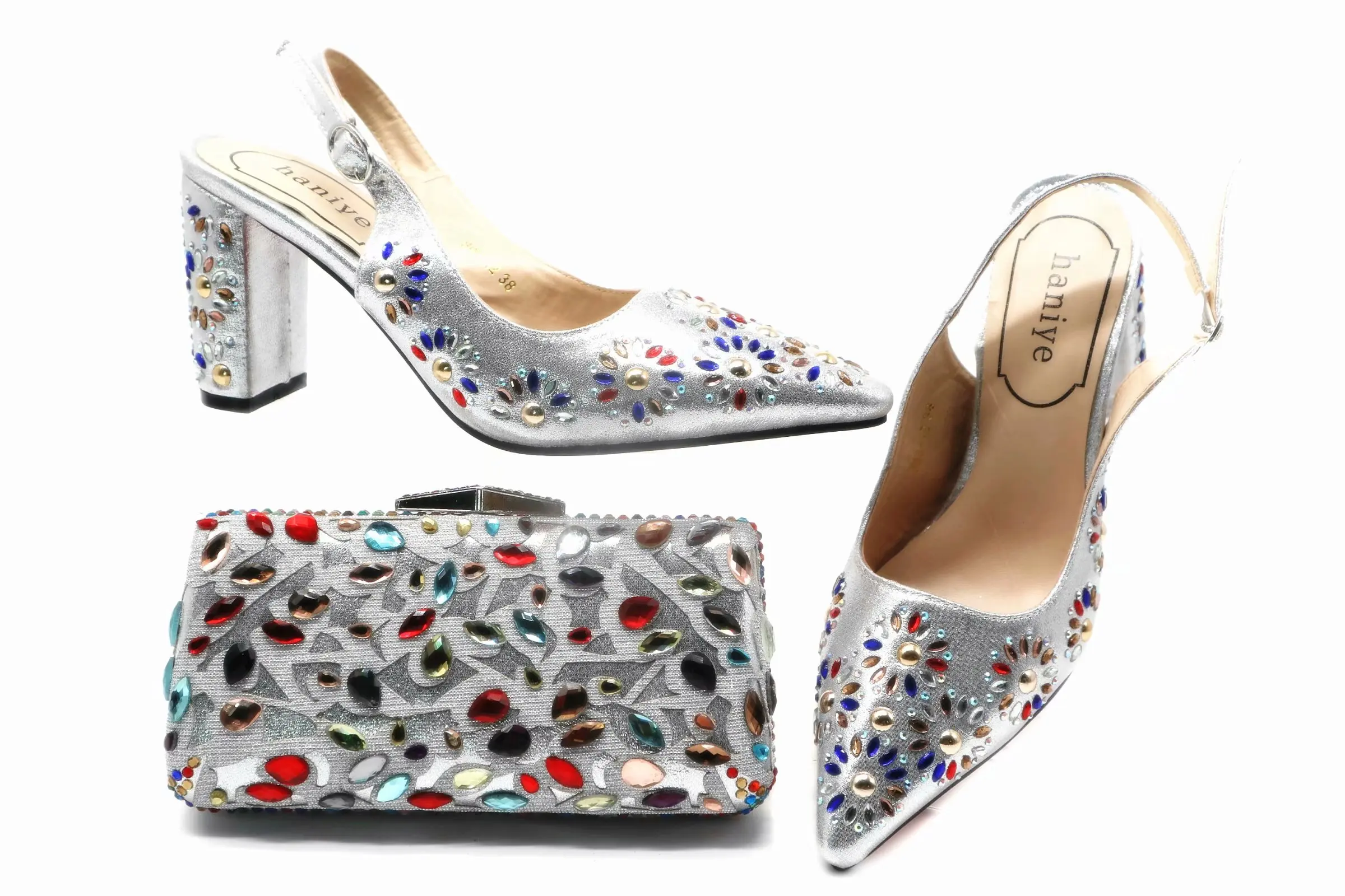 Colorful rhinestones silver shoes and bag for african lady to match lace dress 3.15 heel sandal shoes and clutches bag SB8387-5
Colorful rhinestones silver shoes and bag for african lady to match lace dress 3.15 heel sandal shoes and clutches bag SB8387-5