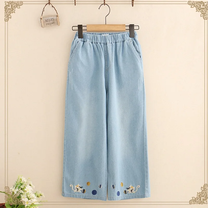 Spring Denim Casual Sweet Wide Leg Pants Women Solid Embroidery Elastic Waist Female Mori Girl Cowboy Calf-Length Pants U260
Spring Denim Casual Sweet Wide Leg Pants Women Solid Embroidery Elastic Waist Female Mori Girl Cowboy Calf-Length Pants U260