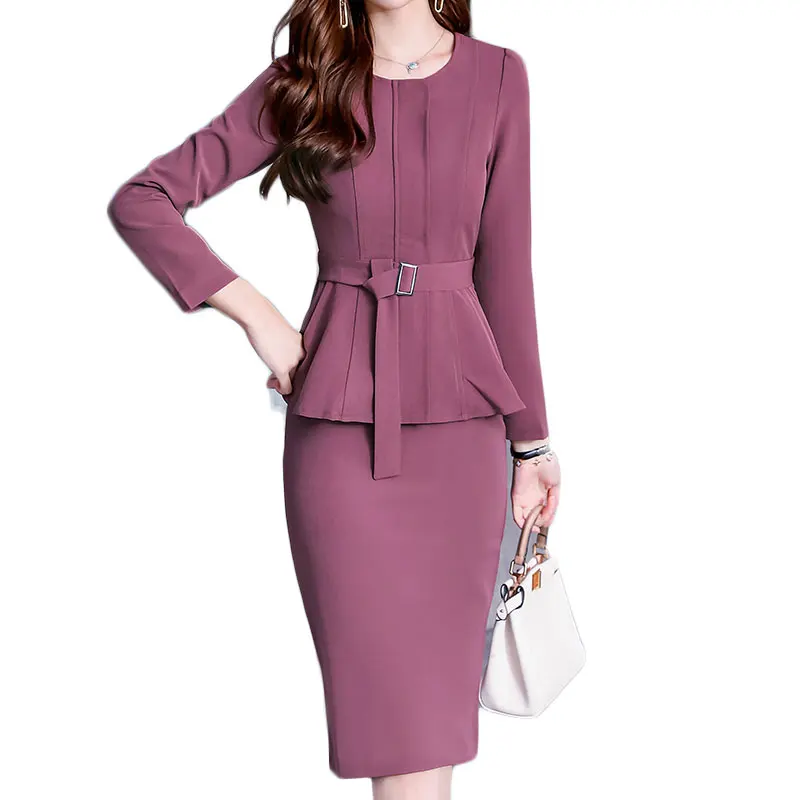 New Women'S Suit Korean Fashion Two-Piece Outfit Zip Belt Jacket O Neck Top Bodycon Skirt Solid Lady Vestido Size S-XL |