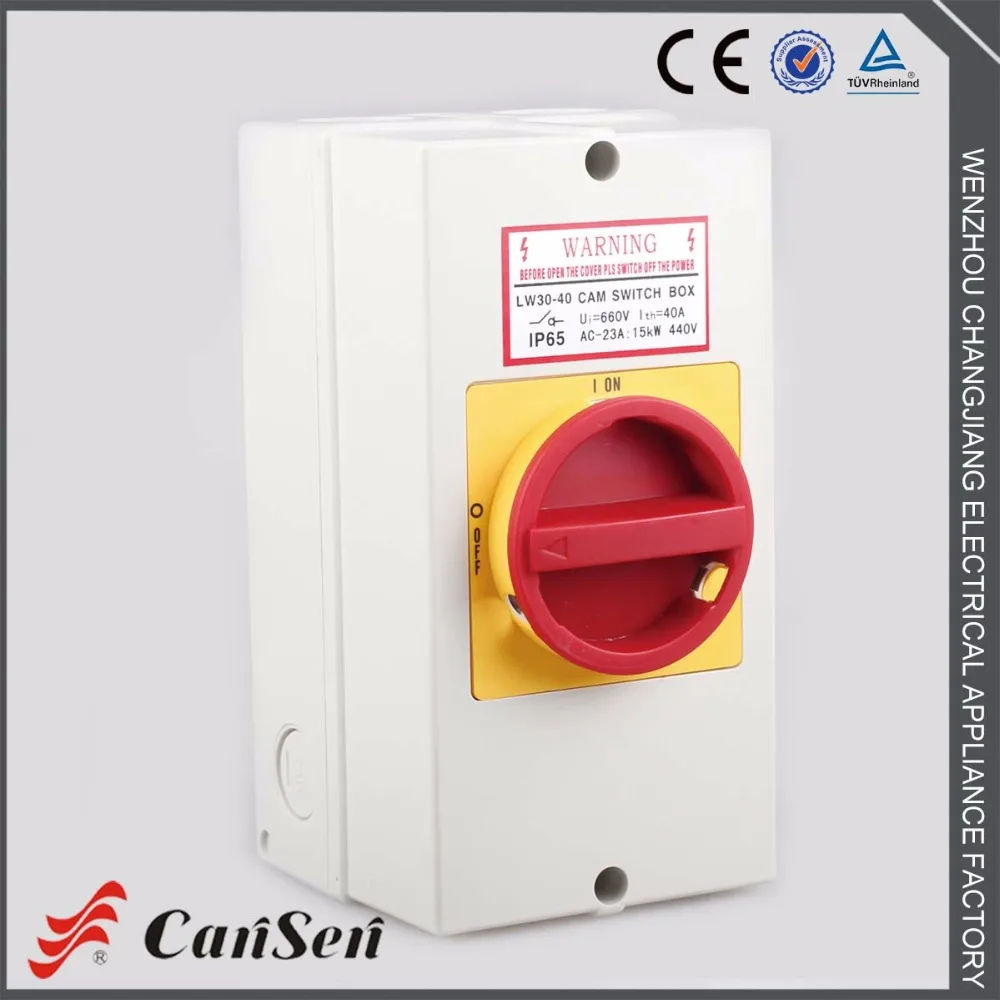 Cam Switch Ue 440V Ith 40A Isolating switch 3P with IP65 waterproof protective box (CE, CCC, TUV certificate)
Cam Switch Ue 440V Ith 40A Isolating switch 3P with IP65 waterproof protective box (CE, CCC, TUV certificate)
