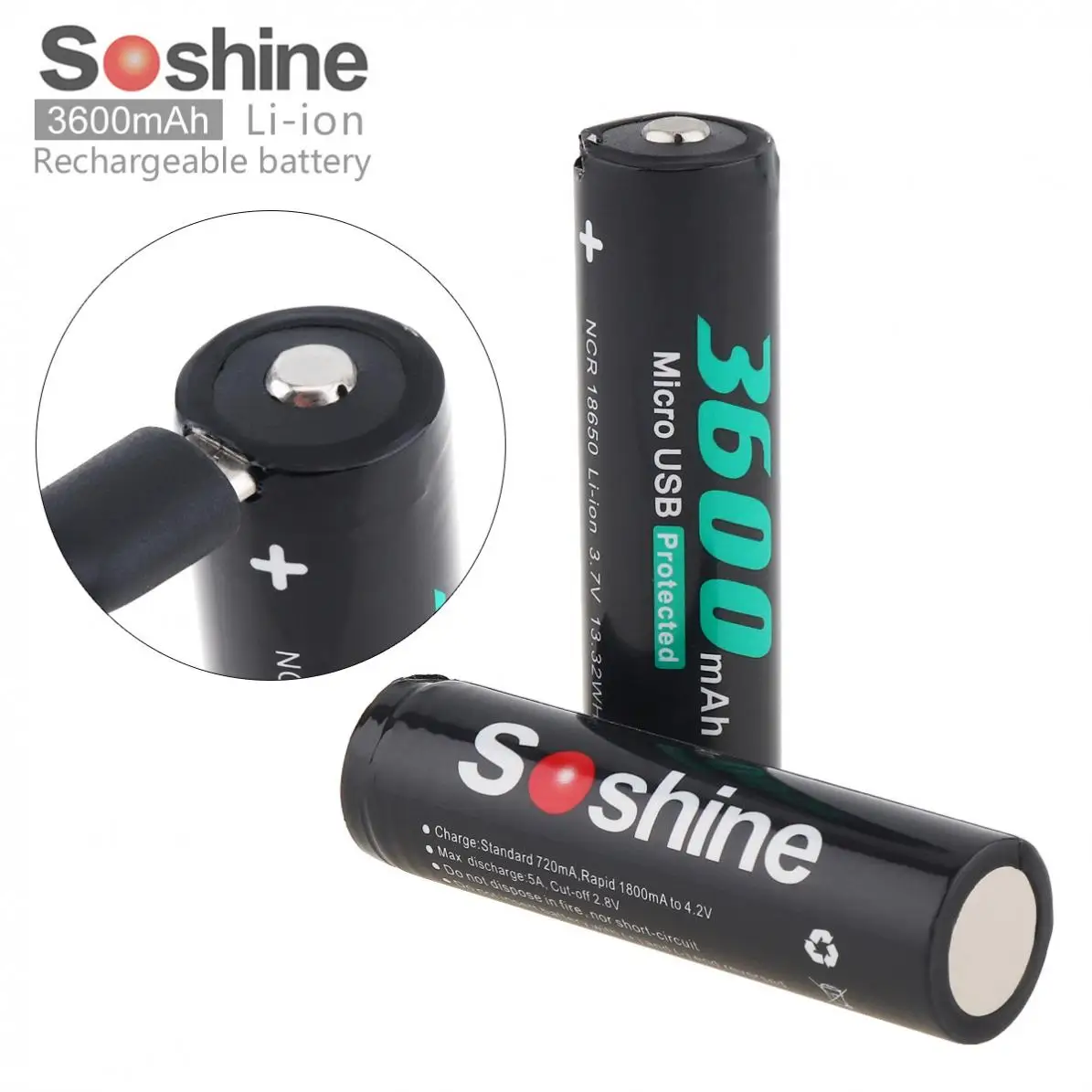 

2pc Soshine NCR18650 Li-ion 3.7V 13.32WH 3600mAh Rechargeable Battery with Micro USB Protected and DC-Charging Intelligent Cell