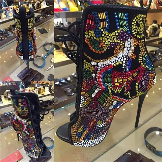 Mixed Color Crystal Women Boots Lace Up High Heels Gladiator Sandals Boots Cross Strap Diamond Summer Ankle Boots Botas Mujer (7)