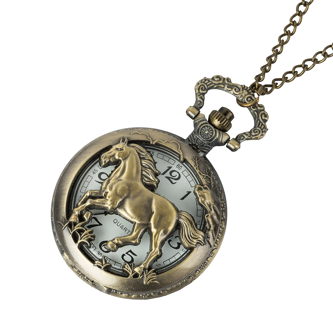 

2019 Bronze Hollow Horse Case Design Quartz Pocket Watch With Necklace Chain Pendant Jewelry Gift For Birtday Christmas