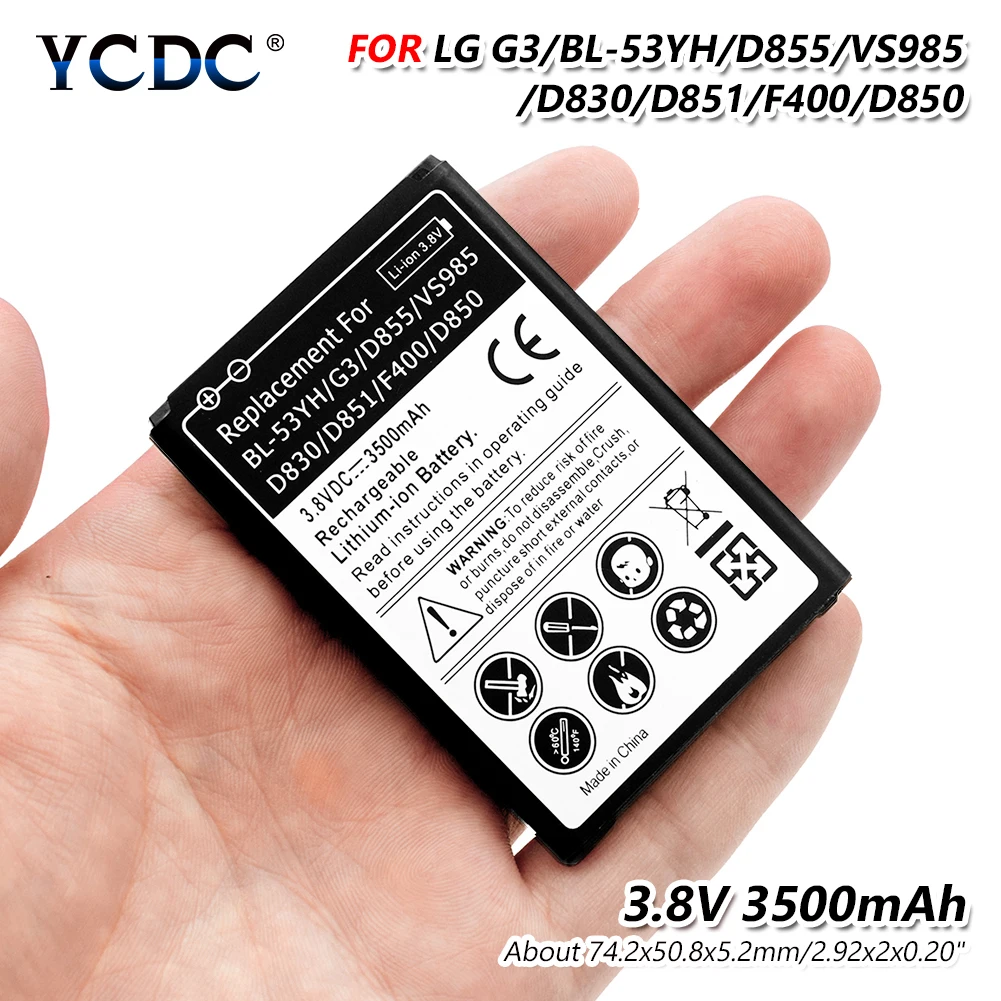3.8V 3500mAh Li-ion BL-53YH Battery For LG G3 D855 D852 D851 D850 Replacemen G4 G5 V10 V20 H818 H968 F800
3.8V 3500mAh Li-ion BL-53YH Battery For LG G3 D855 D852 D851 D850 Replacemen G4 G5 V10 V20 H818 H968 F800