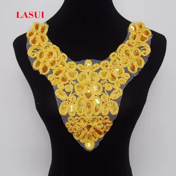 LASUI Noble handmade Gold sequins embroidery lace collar +3D Gold thread cord flowers for evening dress wedding dress 0148
LASUI Noble handmade Gold sequins embroidery lace collar +3D Gold thread cord flowers for evening dress wedding dress 0148