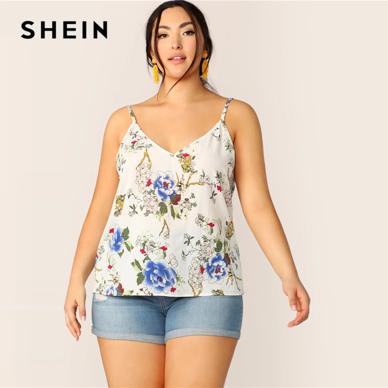 

SHEIN Plus Size White Floral Print Cami Top 2019 Women Summer Spaghetti Strap Camis Casual V neck Camisole Tops