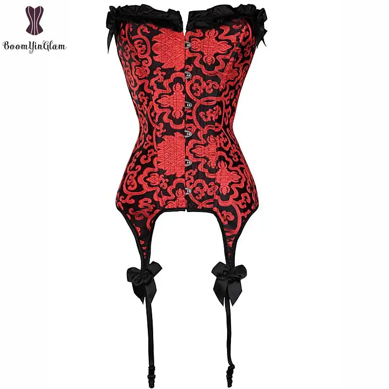 

Red Sexy Corset Top For Mature Women Overbust Plus Size Lace Up Floral Gothic Corselet With Strap Elastic Boned Bustier Lingerie