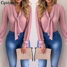 Blusas de chifón Cysincos para mujer 2019 otoño moda de manga larga con cuello en V camisa rosa blusa de oficina blusas casuales delgadas de talla grande para mujer(China)
