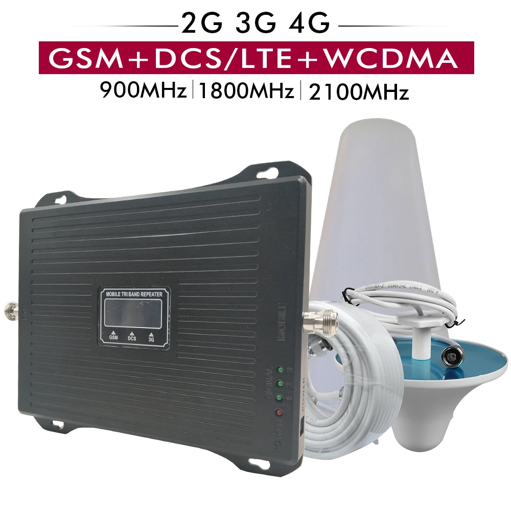 

2G 3G 4G Triple Band Signal Booster GSM 900 DCS/LTE 1800 WCDMA 2100mhz Cell Phone Signal Repeater Cellular Amplifier Antenna Set