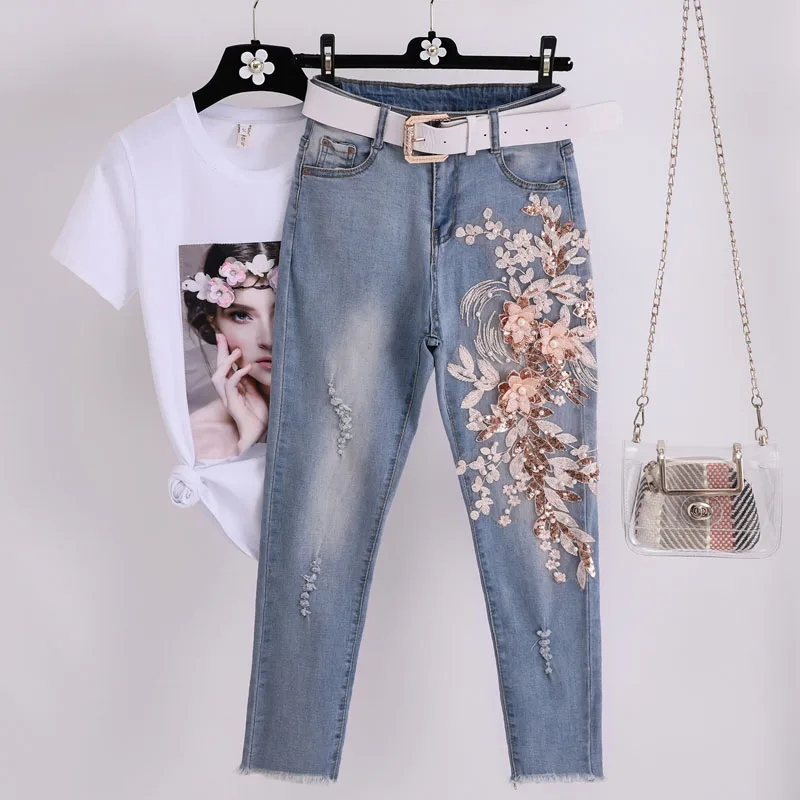 Women High waist Jeans Set 2019 Summer New Printed T-shirt & Denim Pant Suit Set Women Embroidery Two piece set Female Tracksuit
Women High waist Jeans Set 2019 Summer New Printed T-shirt & Denim Pant Suit Set Women Embroidery Two piece set Female Tracksuit