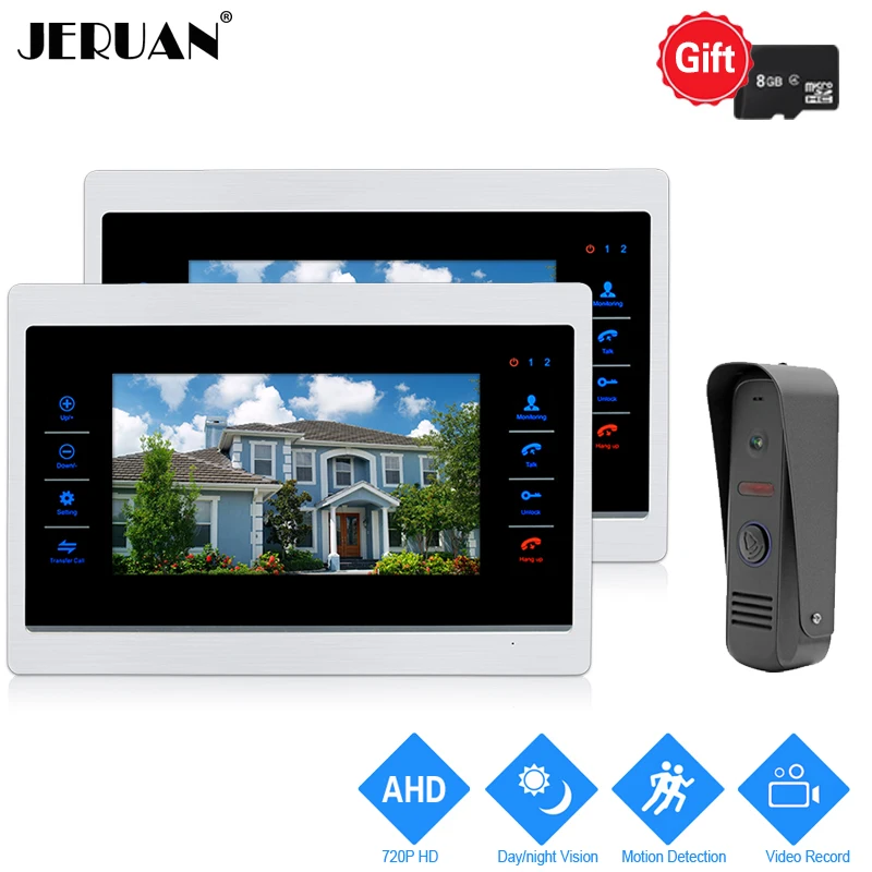 

JERUAN 720P AHD HD Motion Detection 10 inch LCD Video Door Phone Intercom System 2 Record Monitor +1.0MP HD IR Mini Camera 1V2