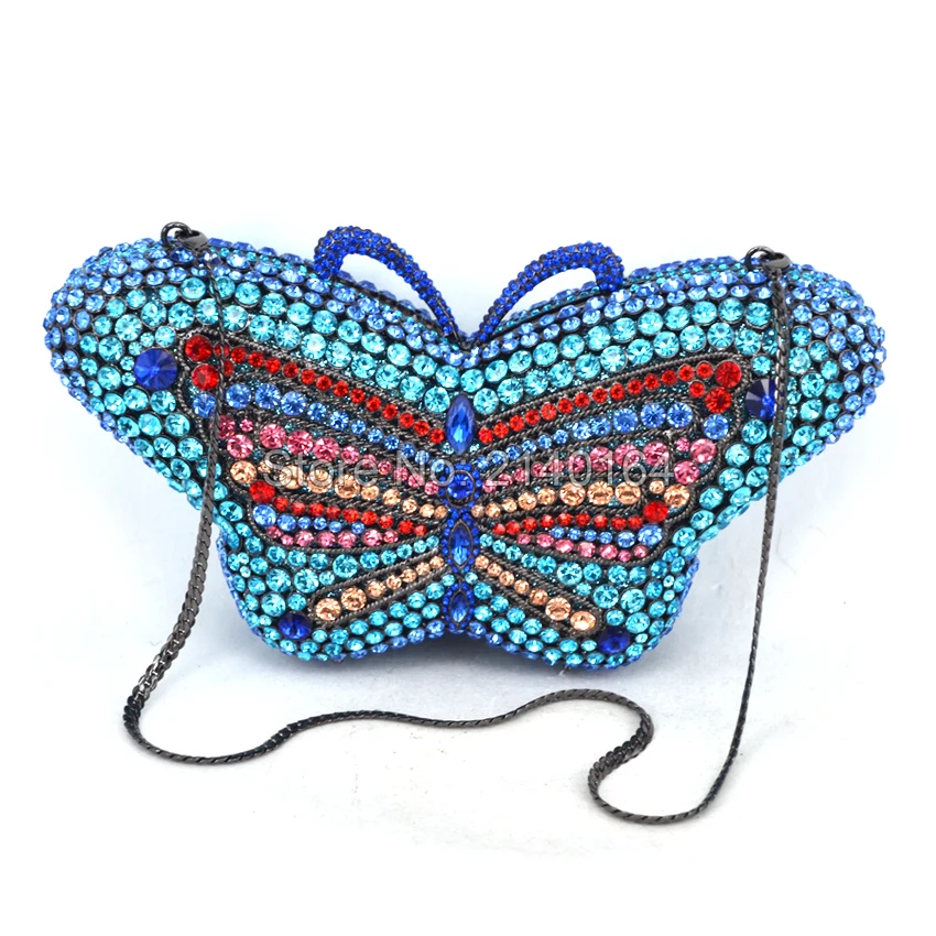 

Lake Blue Women's Clutches Chain Evening Bags Butterfly Design Rhinestone Bridal Purse luxury mini handbag Wedding Prom bag Q75