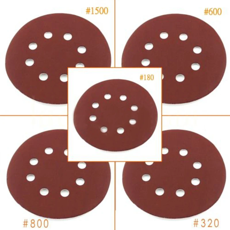 30pcs 5" 60/180/320/600/800/1500 Grit Sandpaper Sanding Sheet Disc Polishing Tool 8 Hole