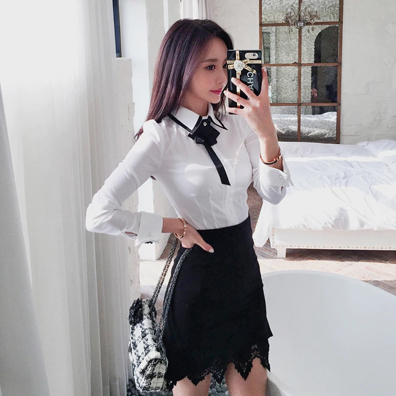 2019 Spring 2 Piece Sets Women Cotton White Bow Shirt Blouse And Skirt Set Slim Lace Hem Irregular Work Black Pencil Skirt Suit
2019 Spring 2 Piece Sets Women Cotton White Bow Shirt Blouse And Skirt Set Slim Lace Hem Irregular Work Black Pencil Skirt Suit