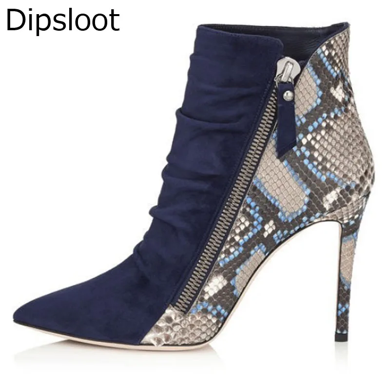 Sexy Python Leather Patched Pleated Suede Pointed Toe Ankle Boots Stiletto Heels Boots Women Slant Zip Short Bottines
Sexy Python Leather Patched Pleated Suede Pointed Toe Ankle Boots Stiletto Heels Boots Women Slant Zip Short Bottines