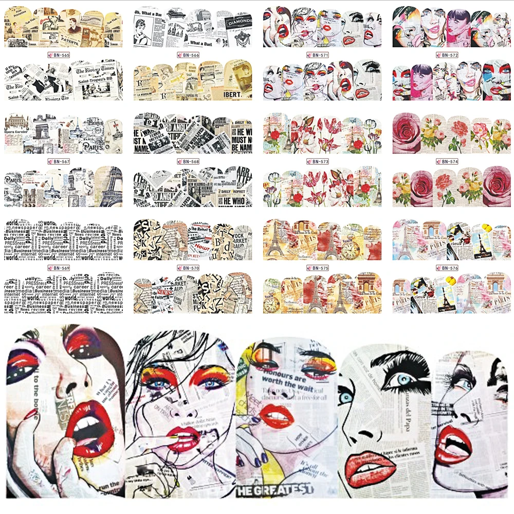 12 Designs Newspaper Nail Stickers Beauty Wraps Water Transfer Nail Art Decoration Retro Mixed Decals Manicure Tools BEBN565-576
12 Designs Newspaper Nail Stickers Beauty Wraps Water Transfer Nail Art Decoration Retro Mixed Decals Manicure Tools BEBN565-576
