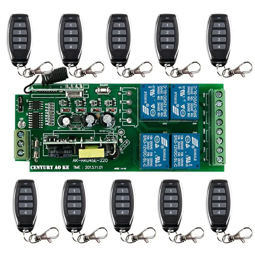433 МГц Универсальный переменный ток 220 в 85 в 110 в 120 в 220 В 250 в 10 А 4 канала радиочастотный беспроводной пульт дистанционного управления приемник передатчик 
433 МГц Универсальный переменный ток 220 в 85 в 110 в 120 в 220 В 250 в 10 А 4 канала радиочастотный беспроводной пульт дистанционного управления приемник передатчик