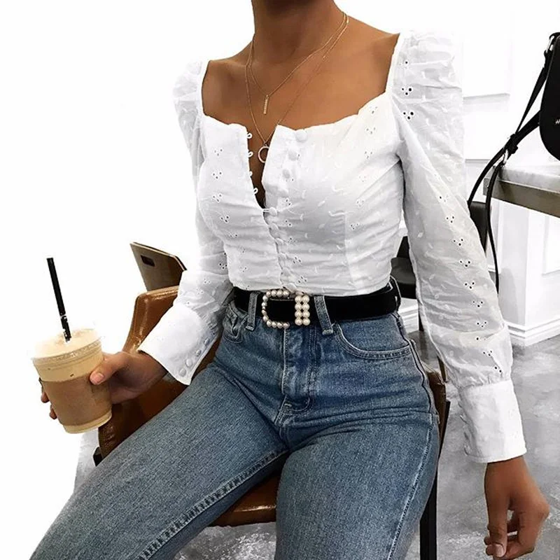 Elegant Square Neck Long Sleeve Lace Crochet Blouse Shirt Women Button Down White Crop Tops Summer High Street Blusas 2019
Elegant Square Neck Long Sleeve Lace Crochet Blouse Shirt Women Button Down White Crop Tops Summer High Street Blusas 2019