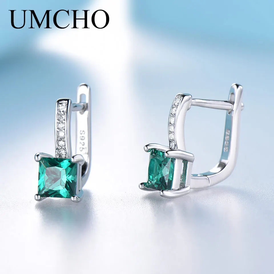 

UMCHO Real 925 Sterling Silver Earrings Gemstone Square Created Emerald Clip Earrings For Women Birthday Gift Trendy Jewelry
