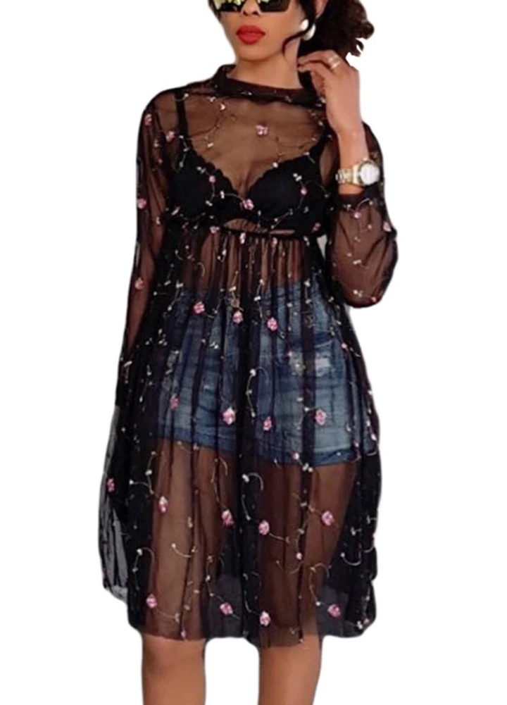 Sexy Women Sheer Mesh Dress Floral Embroidery See Through Dress Long Sleeve A Line Dress Clubwear female Summer Dress 2019 HOT
Sexy Women Sheer Mesh Dress Floral Embroidery See Through Dress Long Sleeve A Line Dress Clubwear female Summer Dress 2019 HOT