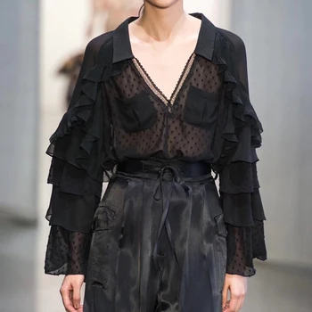 Women Black Blouse 2019 Spring Sexy See Though Dot Chiffon Black Shirts Ladies V Neck Ruffles Flare Sleeve Blusas Camisas Mujer
Women Black Blouse 2019 Spring Sexy See Though Dot Chiffon Black Shirts Ladies V Neck Ruffles Flare Sleeve Blusas Camisas Mujer