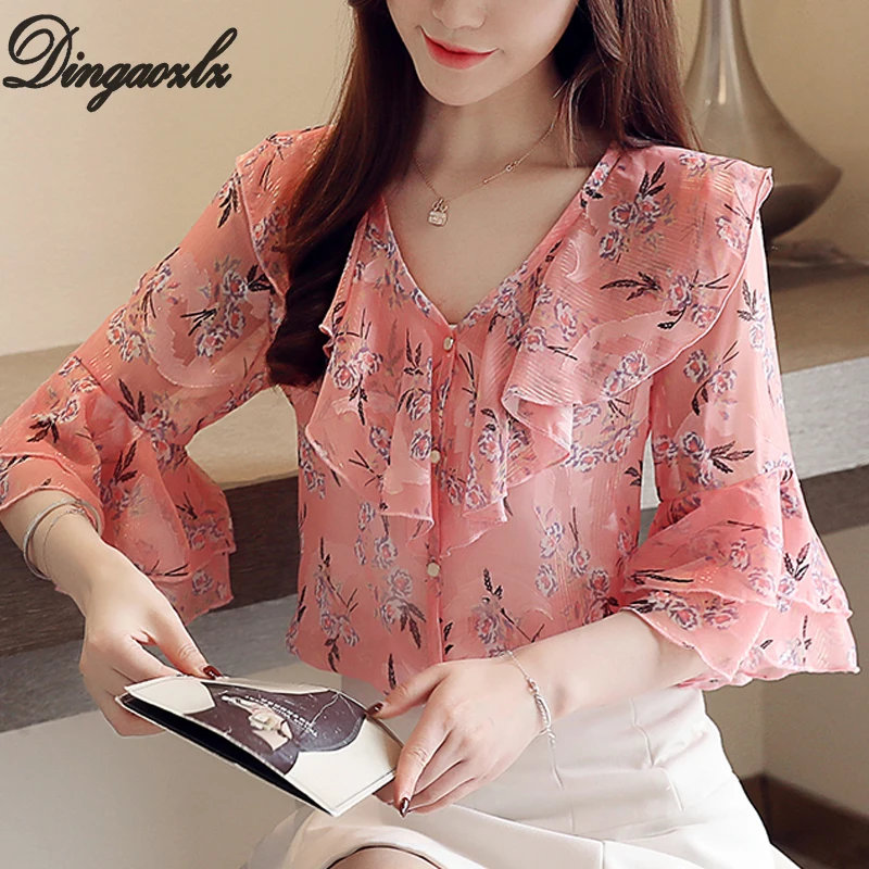Dingaozlz Summer New Printed Tops Flare sleeve Chiffon shirt Ruffles V-neck Women blouse Casual clothing blusa mujer
Dingaozlz Summer New Printed Tops Flare sleeve Chiffon shirt Ruffles V-neck Women blouse Casual clothing blusa mujer