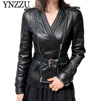 YNZZU Fashion V-neck black zippers women leather jacket Long sleeve with belt short ladies PU jacket Elegant slim outwear YO833
YNZZU Fashion V-neck black zippers women leather jacket Long sleeve with belt short ladies PU jacket Elegant slim outwear YO833