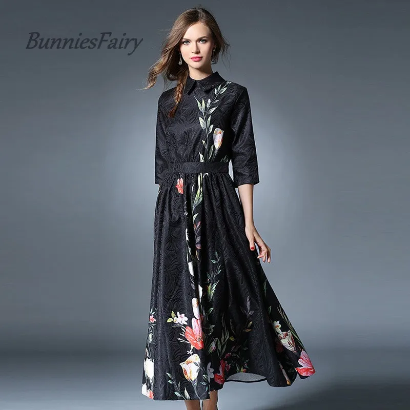 BunniesFairy 2017 Autumn And Winter High End Royal Style Turn Down Collar Slim Waist Floral Print Maxi Long Dress Robe Vestidos | Женская