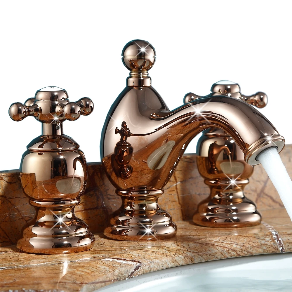 Rose Gold colour European brass three holes Basin faucet Luxury Bathroom cabinet dual handle Cold and hot water tap faucet
Rose Gold colour European brass three holes Basin faucet Luxury Bathroom cabinet dual handle Cold and hot water tap faucet