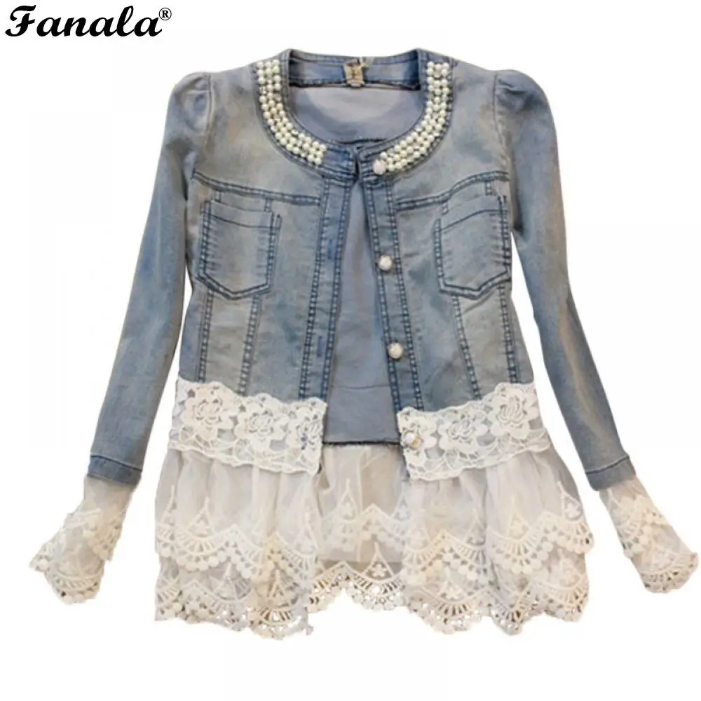 Fashion Women Coat Slim Sleeve Lace Autumn With Long Winter Splice New Girls Denim Outwear Pearls 2018
Fashion Women Coat Slim Sleeve Lace Autumn With Long Winter Splice New Girls Denim Outwear Pearls 2018