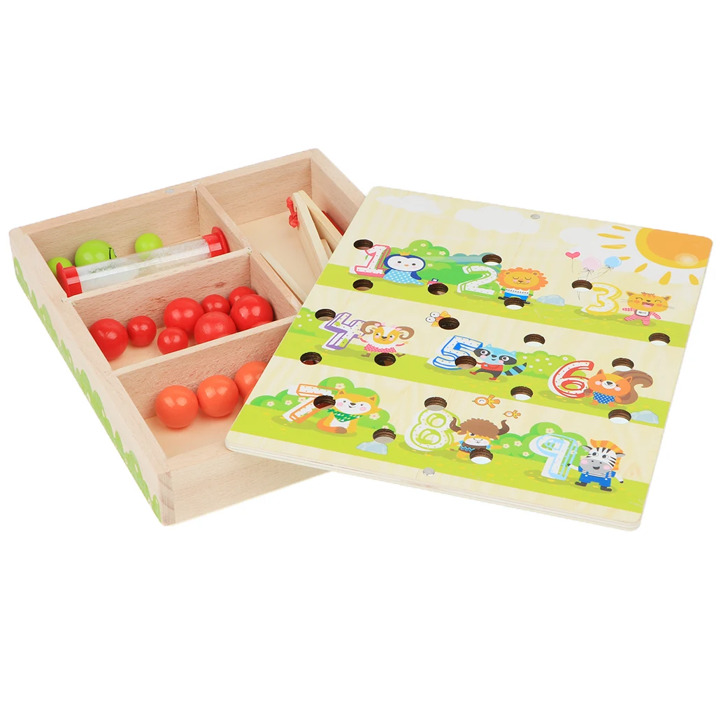 Kids Montessori Educational Wooden Toy, Colorful Clip Ball Board Game Playset in a Wooden Box for Boys and Girls Gift
