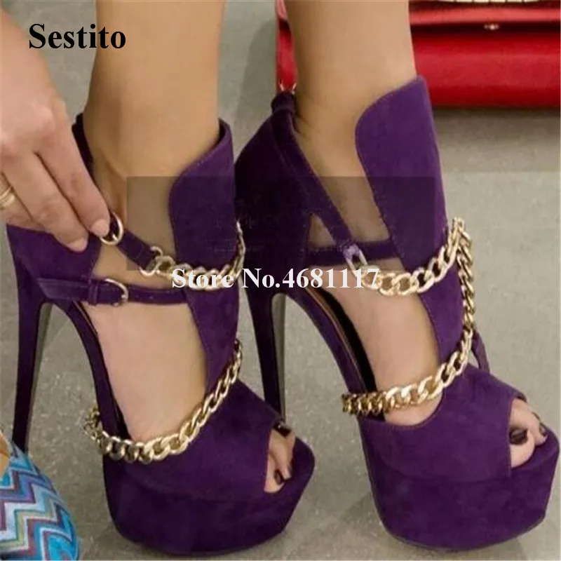 New Design Women Fashion Peep Toe Suede Leather Gold Chains Design Thin Heel Sandals Sexy Purple Orange High Platform Sandals
New Design Women Fashion Peep Toe Suede Leather Gold Chains Design Thin Heel Sandals Sexy Purple Orange High Platform Sandals
