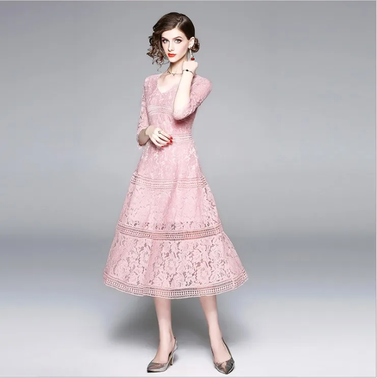 New Autumn Fashion Hollow Out Pink Party Lace Dress High Quality Women V-Neck Sexy Slim Casual Dresses Long Party Dresses 
New Autumn Fashion Hollow Out Pink Party Lace Dress High Quality Women V-Neck Sexy Slim Casual Dresses Long Party Dresses