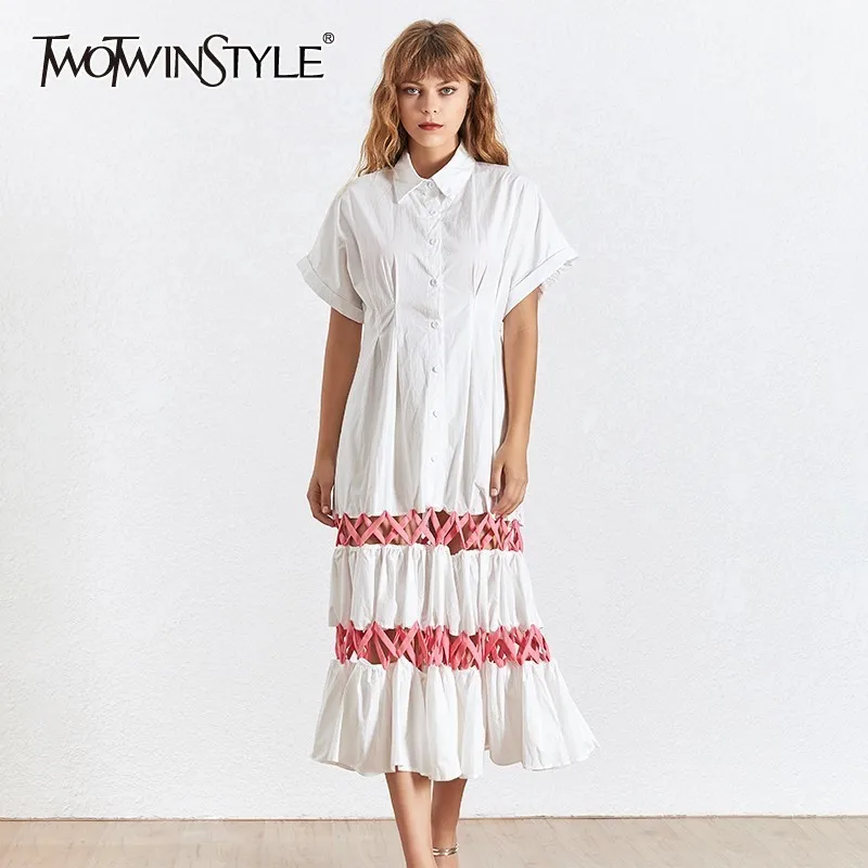 TWOTWINSTYLE Summer Bandage Dress For Women Lapel Collar Short Sleeve High Waist Hollow Out Midi Dresses Female Fashion 2019
TWOTWINSTYLE Summer Bandage Dress For Women Lapel Collar Short Sleeve High Waist Hollow Out Midi Dresses Female Fashion 2019