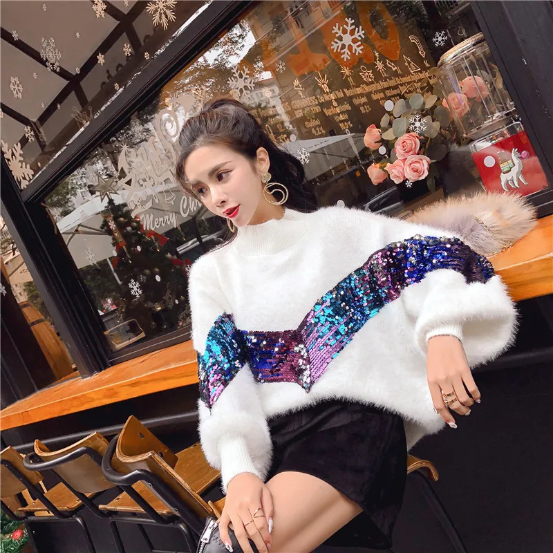 Women Sequin Sweaters Bling Bling Mohair Knitted Pullover O-neck Autumn&Winter Casual long sleeved Knitwear woman Jumper
Women Sequin Sweaters Bling Bling Mohair Knitted Pullover O-neck Autumn&Winter Casual long sleeved Knitwear woman Jumper
