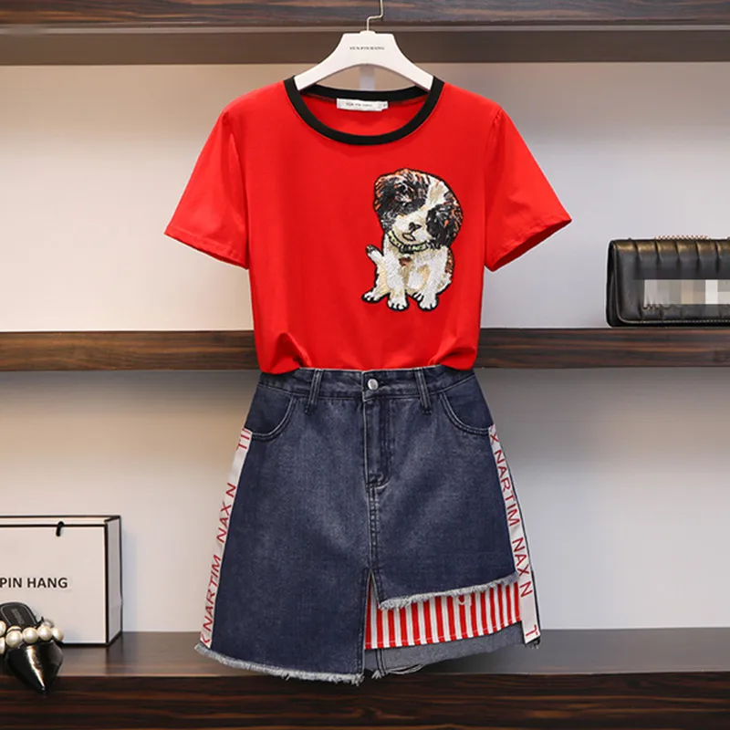 2019 Summer Women 's Clothing Suit Fashion New Cartoon Sequin Dog Tshirt BF & Irregular Denim Skirt Sets Jean Skirt 2 piece set
2019 Summer Women 's Clothing Suit Fashion New Cartoon Sequin Dog Tshirt BF & Irregular Denim Skirt Sets Jean Skirt 2 piece set