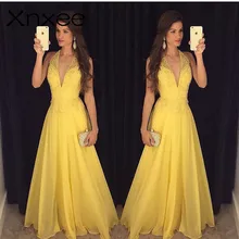 Xnxee moda vestido de Encaje amarillo 2018 fiesta de noche sin mangas Halter cuello pico largo elegante vestido de verano Maxi vestido de mujer(China)